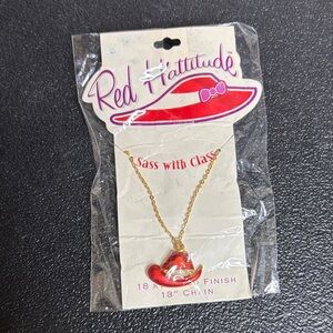Vintage Red Hatitude 18 alt Gold Finish Enamel Cowgirl Hat Western Necklace NWT